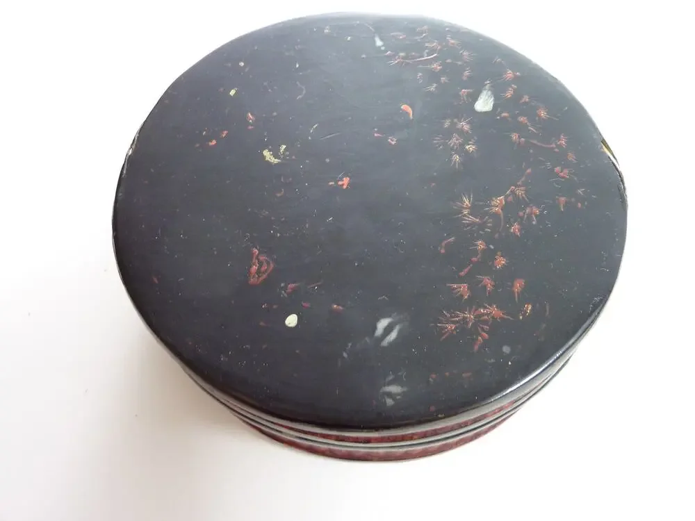 Antique Japanese Black Lacquer Round Box Wabi Sabi Egret Deer Storage Case 7
